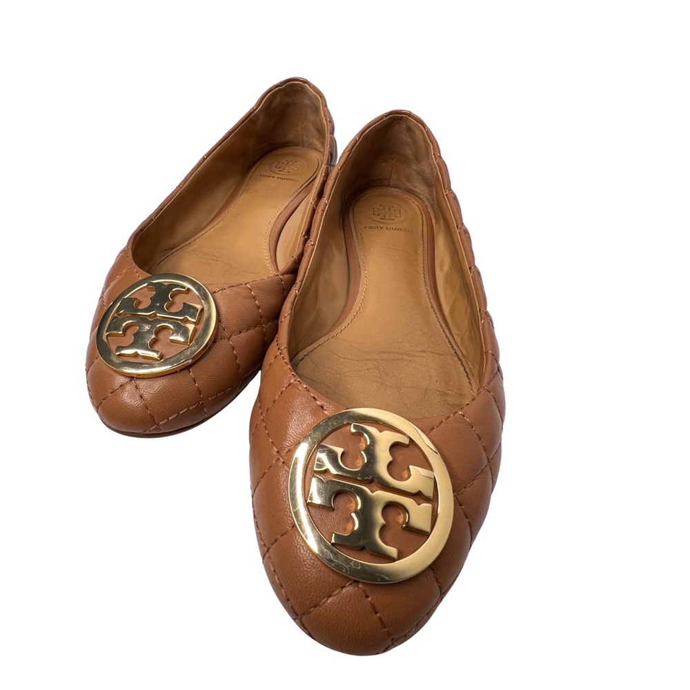 Tory Burch Brown Quilted Flats with Gold Logo